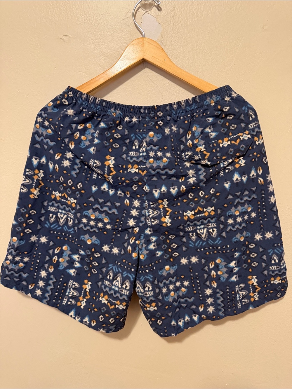 Patagonia Navy Aztec-Pattern Men's Shorts with White and Gold Accents - Picture 5 of 5
